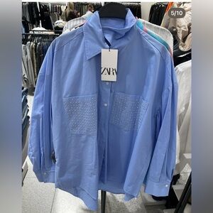 Zara Light Blue Studded Pocket Shirt